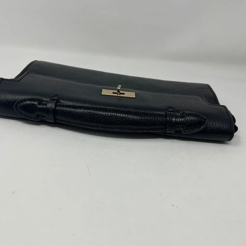Zenith Black Pebbled Leather Clutch Bag Gold Turn Lock Hardware Handle Handbag